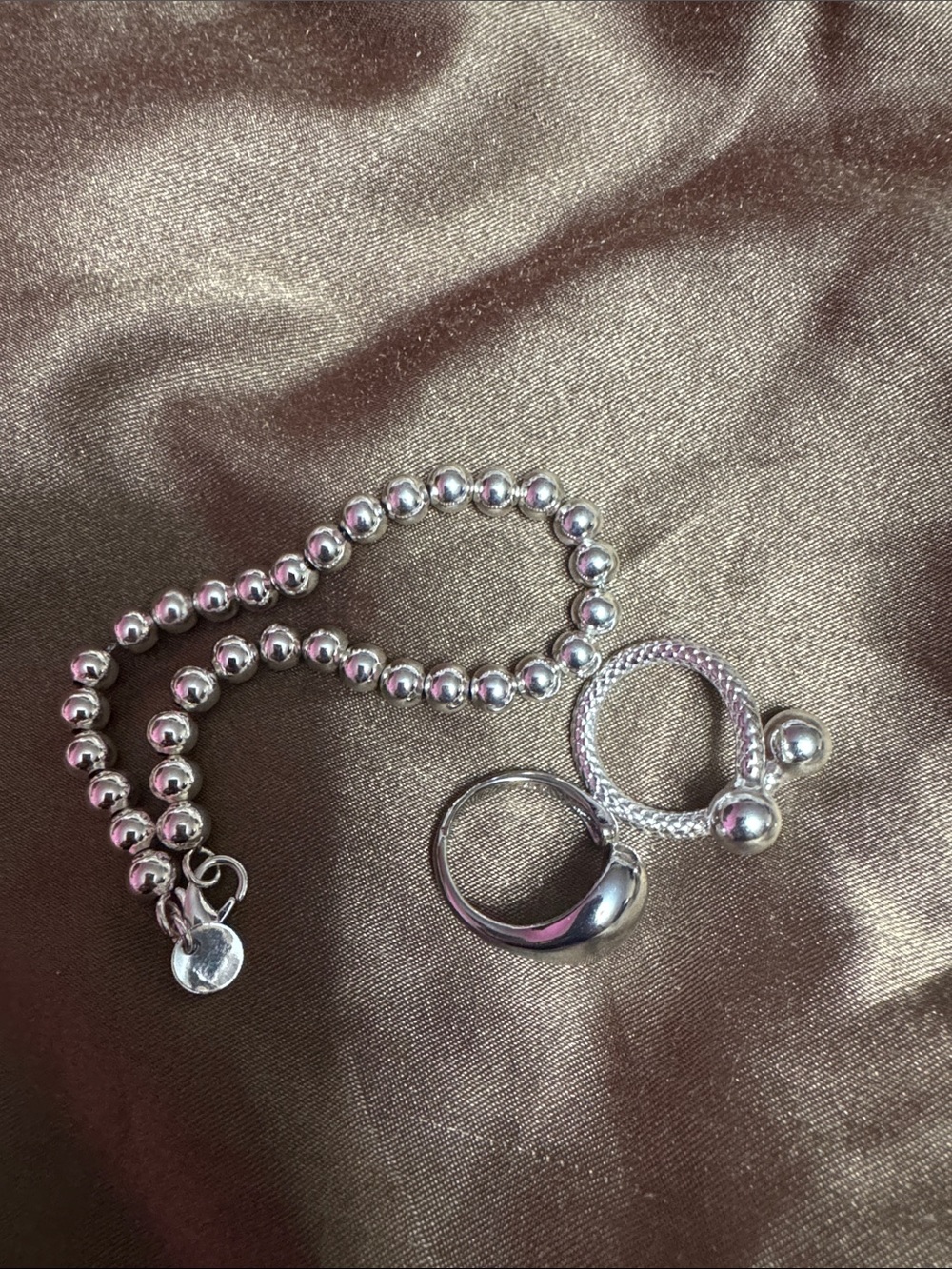 Sterling Silver Beaded Bracelet with Two Accent Rings - Silver